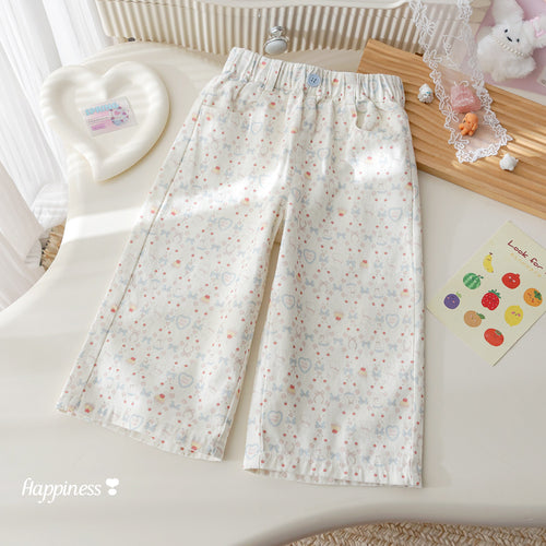 Girls' Cartoon Print Pocket Straight Pants