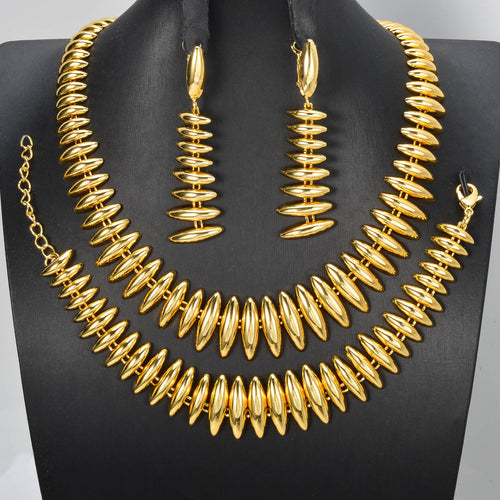 Middle East Copper Gold Plated Dubai Statement Jewelry Seed Chain Necklace Bracelet Set Earrings 3-Piece Set Bride Wedding Accessory