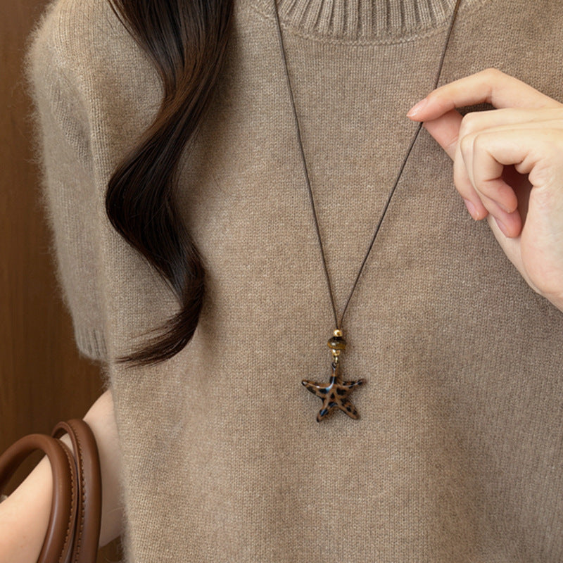 Vintage Leopard-Print Stone Heart Pendant Necklace with Leather Cord - view 3