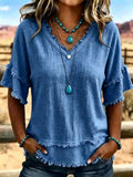 Summer Casual Short Sleeve V-Neck Loose Frayed Shirt