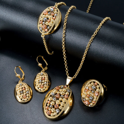 Overseas Jewelry New Oval Round Cutout Plated Steel Bead Necklace Bracelet Set Earrings Ring Niche Design Detail Set