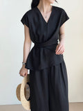 Slimming V-Neck Tie-Front Waist-Tie Wide Leg Pants + Top 2-Piece Set