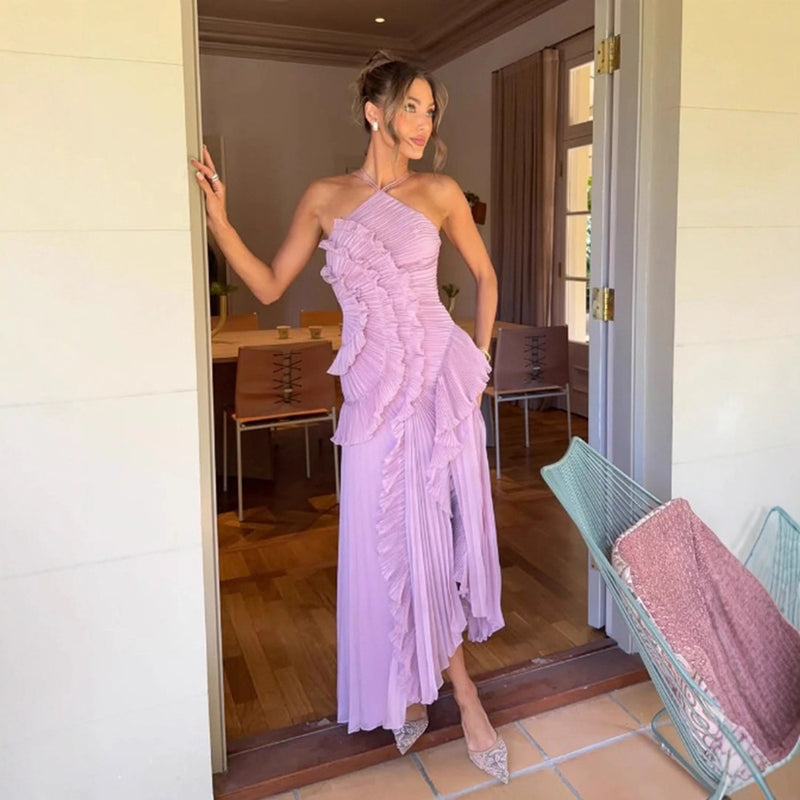 Ruched Bandeau Backless Dress - Sexy Halter Neck Summer Evening Dress Women