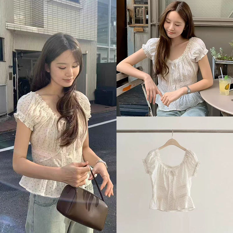 Summer Korean Slimming Puff Sleeve Waist-Tie Floral Shirt