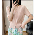 Women's Spring-Summer Versatile Short Sleeve Pleated Lightweight Cardigan + Jacket 20 - Yellow-Green