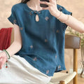 Women's Summer New Chinese Ethnic Linen Cotton Embroidered Short Sleeve Tee + Top 202 - Natural Linen