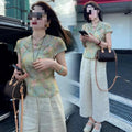 Summer New Chinese Casual Frog Button Loose Wide Leg Pants + Top Set