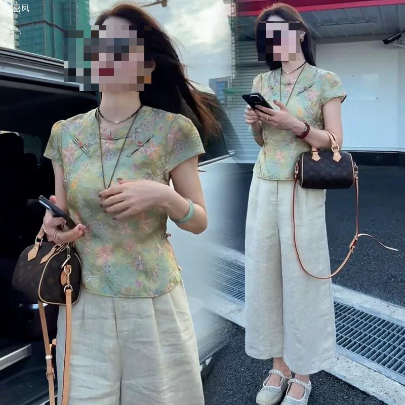 Summer New Chinese Casual Frog Button Loose Wide Leg Pants + Top Set
