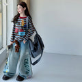 Girls' Striped Cartoon Tee & Graffiti Jeans Set