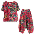Women's Summer Ethnic Fashion Plus Size Short Sleeve Printed Loose Harem Pants 2-Piec - Rose Red