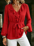Elegant Slimming Lantern Sleeve Long Sleeve V-Neck Tie-Front Shirt