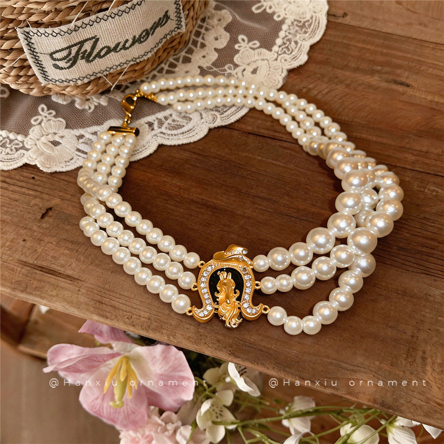 Multi-Layer Pearl and Rhinestone Horseshoe Necklace - view 2
