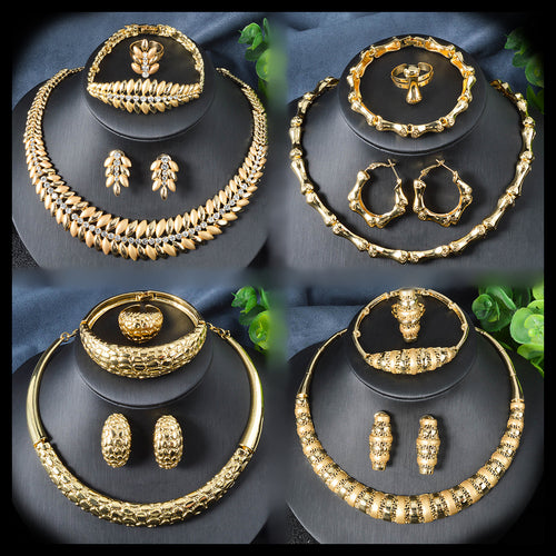 Middle East Jewelry Bead Gem Set Dubai Gold Color Block Leaves Necklace Earrings Set Bangle Ring Accessory 4-Piece Set Women
