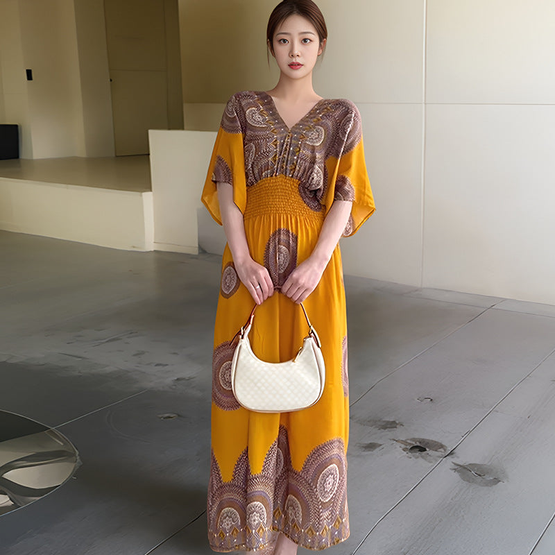 Women's Summer Chinese French Short Sleeve V-Neck Printed Dress + Skirt 2026 - 1-1#
