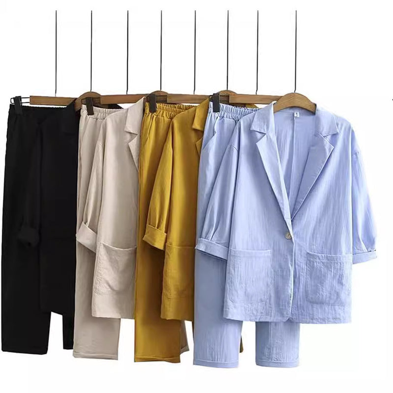 Fall Casual Fashion Linen Cotton Loose Blazer + Pants + Top 2-Piece Set