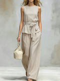 Spring-Summer Casual Sleeveless Belt Pants + Top 2-Piece Set
