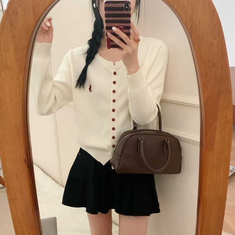 Women's Fall-Winter Korean Fashion Embroidered Knit Crew Neck Cardigan + Top 2026 - Apricot