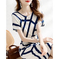 High-End Striped High Waist Slimming Mid-Length Dress