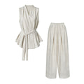 Summer Casual Elegant Sleeveless Stand Collar Waist-Tie Wide Leg Pants + Top 2-Piece Set