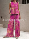 Women's Ethnic Sleeveless Slit Drapey Loose Wide Leg Pants + Tank Top 2-Piece Set 202 - 【LTA】◆1