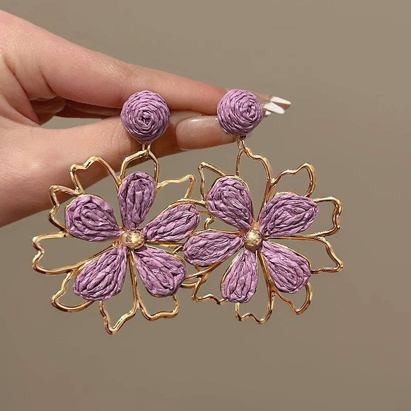 Purple Raffia Openwork Flower Tassel Earrings - view 6