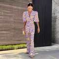 Women's Ethnic Retro Short Sleeve V-Neck Printed Flared Jacket + Pants Set 2026 - As Pictured