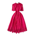 Retro Elegant Heavy Hollow-Out Hooked Flower Water-Soluble Lace Dress, French Waist-Slimming Short Sleeve