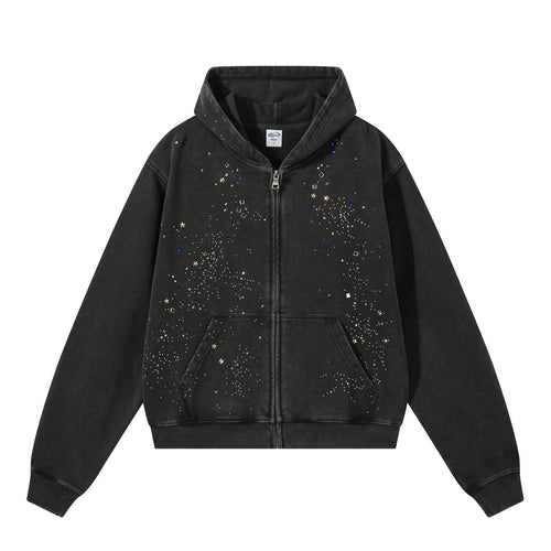 ARTIE Men's American Retro Washed Distressed Snow-Denim Crystal Hoodie