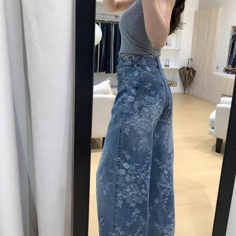 Retro Jacquard Embroidered High Waist Loose Wide Leg Pants + Pants