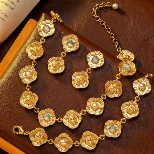 Vintage Four Leaf Clover Necklace Retro Simple Neo-Chinese Versatile Set Imperial Glaze Pearl Necklace