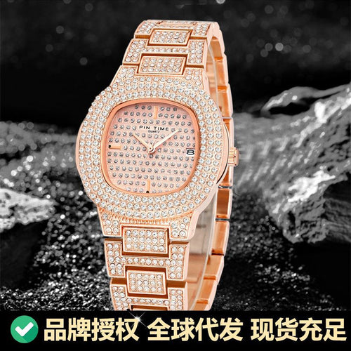 Export Bestseller Watch Set Full Diamond Gold Watch Date 3 Hand Solid Heart Steel Band Mens Watch Waterproof Glow Gold Mens Watch