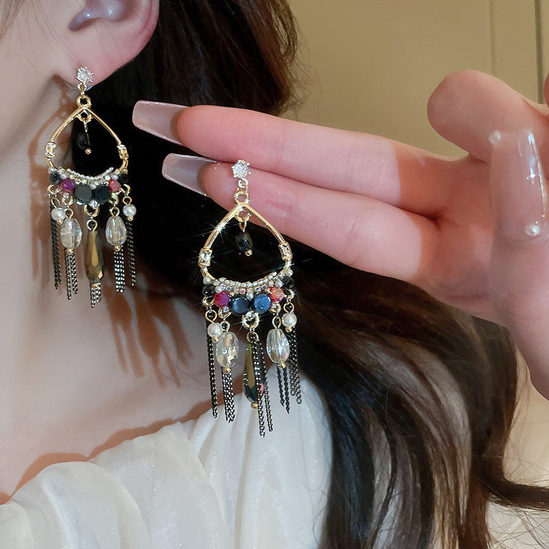 Rhinestone Mesh Butterfly Tassel Earrings - view 2