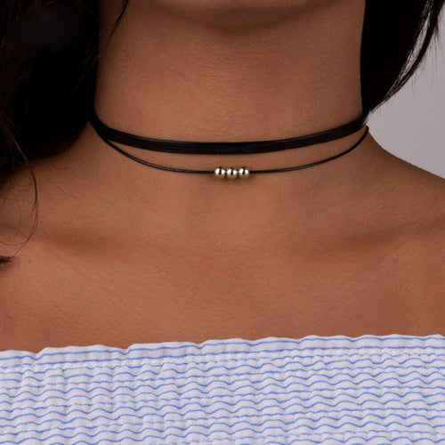 Western Personality Minimalist Leather Wax Cord Silver Plated Bead chocker Choker Double-Layer Necklace Bead Collar N5955