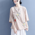Women's Summer Ethnic Retro Plus Size Linen Cotton Embroidered Stand Collar Diagonal - Khaki