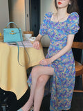 Purple Puff Sleeve Floral Fitted Long Dress with Side Slit