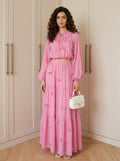 Fall Gentle Lantern Sleeve Crew Neck High Waist Fitted Shirt + Skirt Set