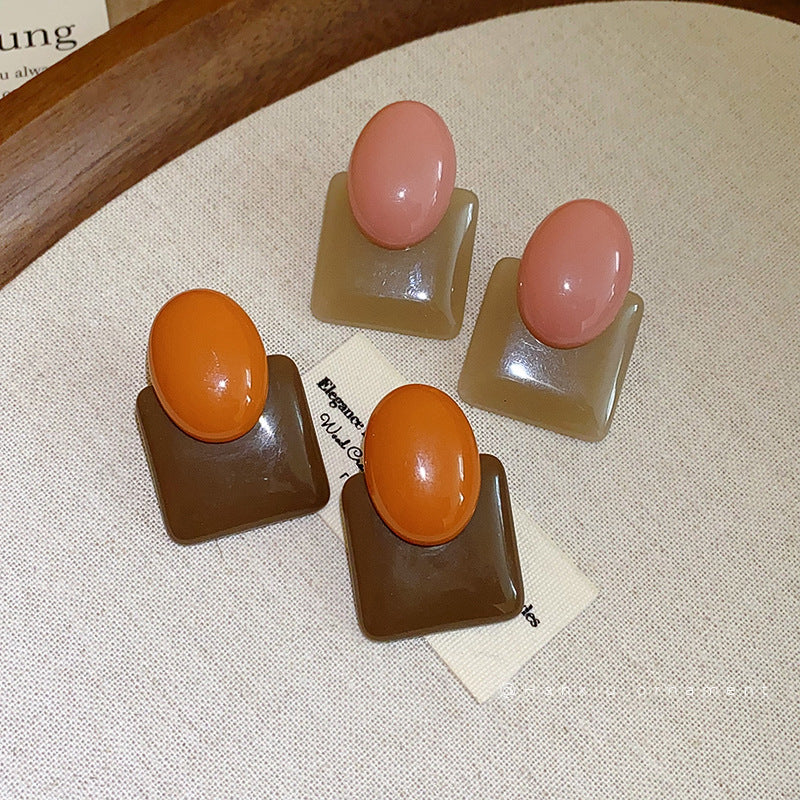 French Color-Block Oval Resin Stud Earrings - view 2