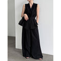 Summer Casual Elegant Sleeveless Stand Collar Waist-Tie Wide Leg Pants + Top 2-Piece Set