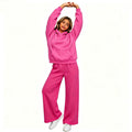 Fall-Winter Sporty Fleece Loose Drop Shoulder Wide Leg Pants + Hoodie 2-Piece Set