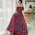 Rayon Floral Off-Shoulder Elastic Waist Bohemian Beach Dress