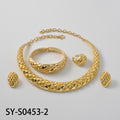 Middle East Bride Bead Gem Jewelry Set Moon Design Diamond Grid Pattern Relief Necklace Bangle Earrings Ring 4-Piece Set