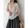 Summer Korean Slimming Ramie Embroidered Long Sleeve Patchwork Loose Shirt