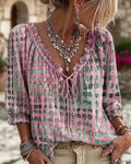 Summer Bohemian 3/4 Sleeve V-Neck Tie-Front Drawstring Shirt