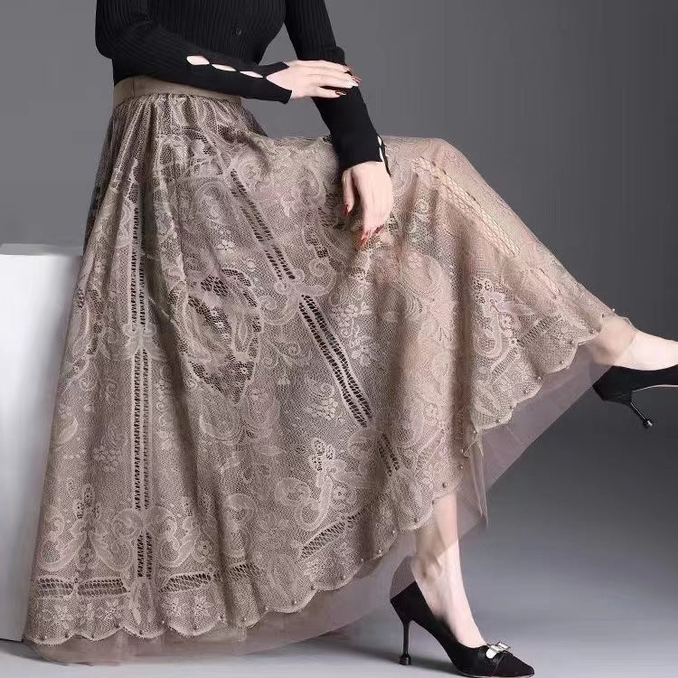 High Waist Hollow-Out Swing Beaded Skirt + Long Skirt