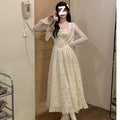 Embroidered Camisole Dress Set with Lace Cardigan, French Fitted Long Dress