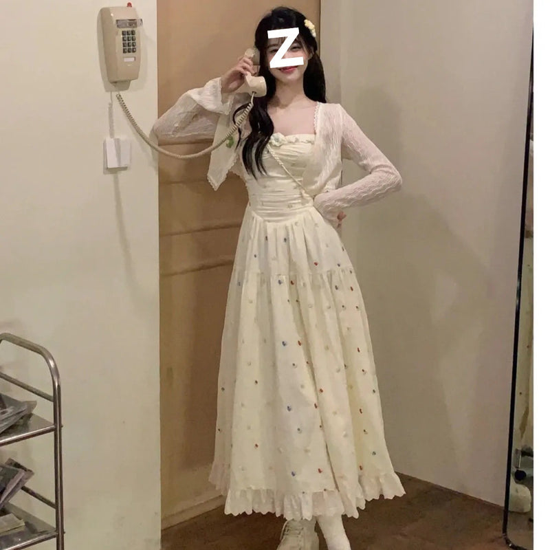 Embroidered Camisole Dress Set with Lace Cardigan, French Fitted Long Dress