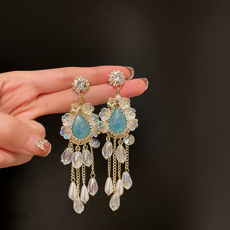 Crystal Flower Rhinestone Tassel Earrings - view 11