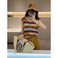 Summer Hong Kong Casual Hollow-Out Striped Ankle-Length Color-Block Knit Top + Pants 2-Piece Set