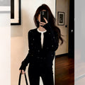 Women's Fall Korean Elegant Knit Wool Crystal Cropped Sweater + Cardigan + Jacket + T - Black