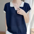 Women's Summer Elegant Unique Short Sleeve Lapel Collar Color-Block Knit Top 2026 - Off-White